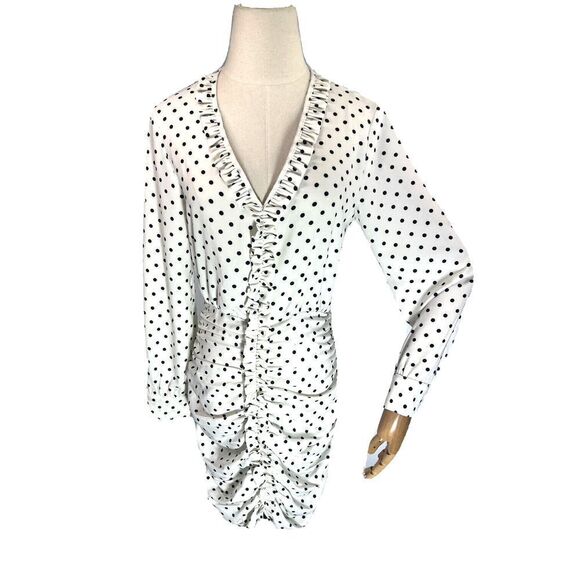 Zara White Black Polka Dot Mini Dress Ruched Draped Size XS Sexy - Picture 2 of 16